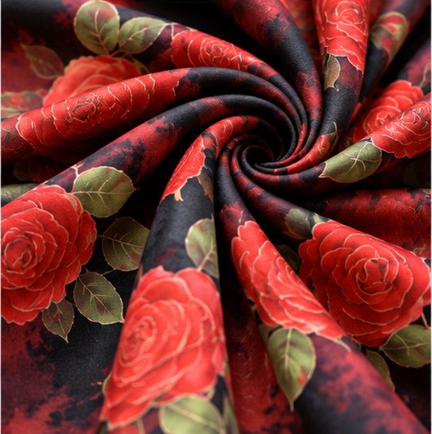 Pañuelo Reversible “Rosas Carmesí” · Poliéster · 180 × 70 cm