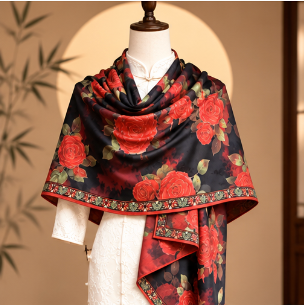 Pañuelo Reversible “Rosas Carmesí” · Poliéster · 180 × 70 cm