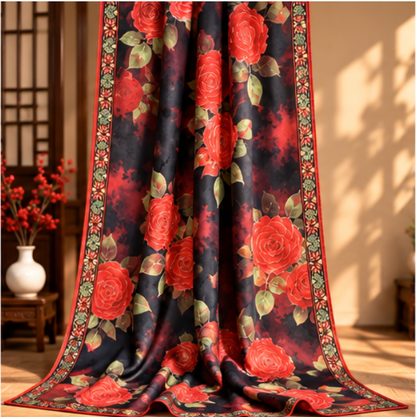 Pañuelo Reversible “Rosas Carmesí” · Poliéster · 180 × 70 cm