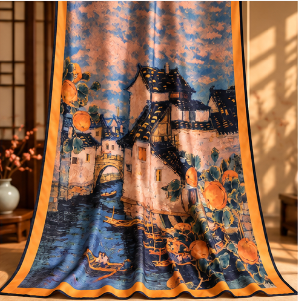 Foulard réversible « Automne à Jiangnan » · Polyester · 180 × 70 cm