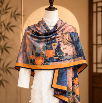 Foulard réversible « Automne à Jiangnan » · Polyester · 180 × 70 cm