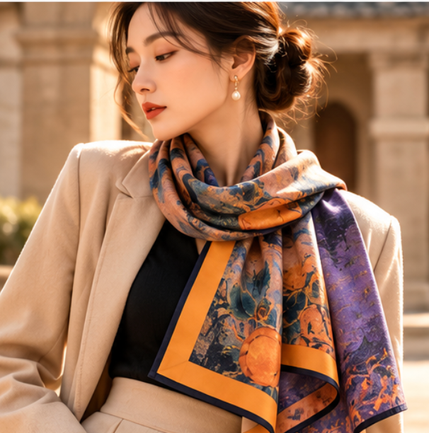 Foulard réversible « Automne à Jiangnan » · Polyester · 180 × 70 cm