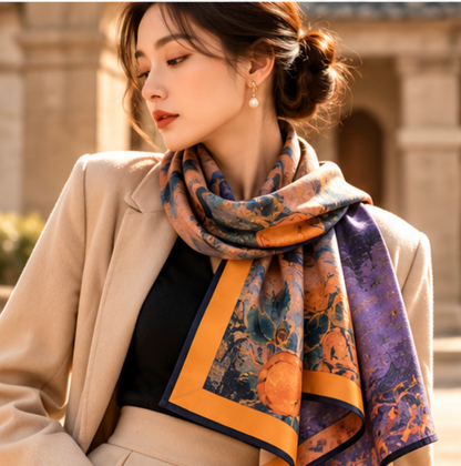 Foulard réversible « Automne à Jiangnan » · Polyester · 180 × 70 cm