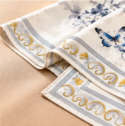 Foulard réversible « Fleurs d'encre et papillons » · Polyester · 180 × 70 cm