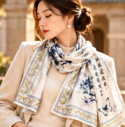 Foulard réversible « Fleurs d'encre et papillons » · Polyester · 180 × 70 cm