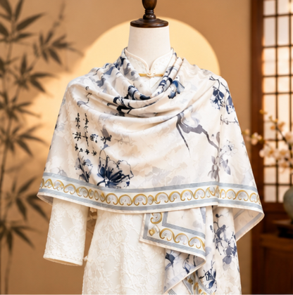 Foulard réversible « Fleurs d'encre et papillons » · Polyester · 180 × 70 cm