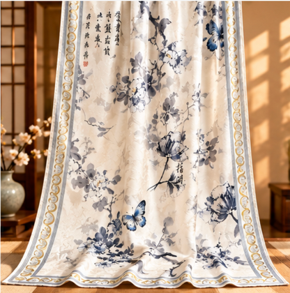 Foulard réversible « Fleurs d'encre et papillons » · Polyester · 180 × 70 cm