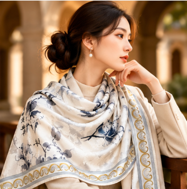 Foulard réversible « Fleurs d'encre et papillons » · Polyester · 180 × 70 cm