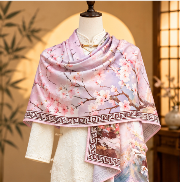 Pañuelo Reversible “Primavera entre Montañas” · Poliéster · 180 × 70 cm