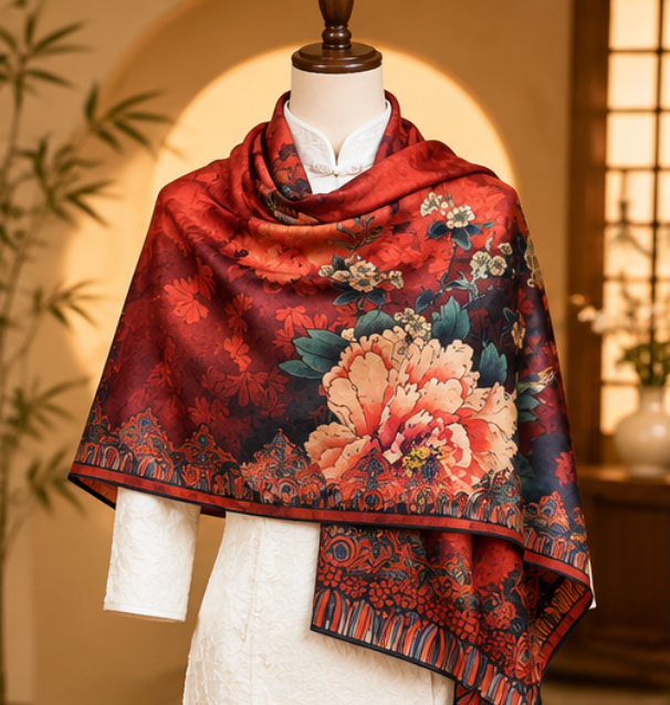 Foulard réversible « Pivoines cramoisies » · Polyester · 180 × 70 cm