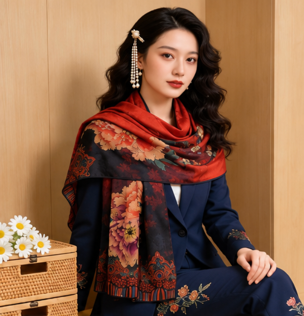 Foulard réversible « Pivoines cramoisies » · Polyester · 180 × 70 cm