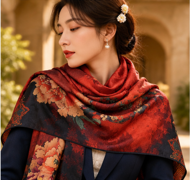 Foulard réversible « Pivoines cramoisies » · Polyester · 180 × 70 cm