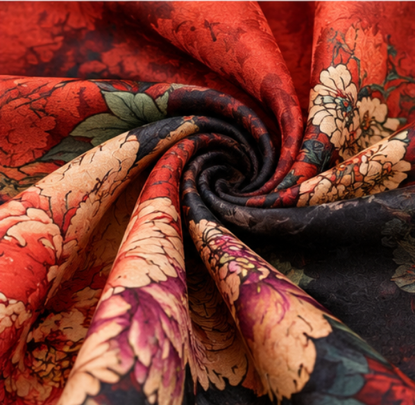 Foulard réversible « Pivoines cramoisies » · Polyester · 180 × 70 cm