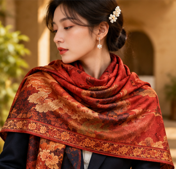 Foulard reversibile “Fenice di buon auspicio” · Poliestere · 180 × 70 cm