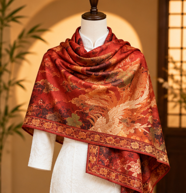 Foulard reversibile “Fenice di buon auspicio” · Poliestere · 180 × 70 cm