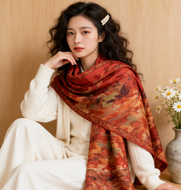 Foulard reversibile “Fenice di buon auspicio” · Poliestere · 180 × 70 cm
