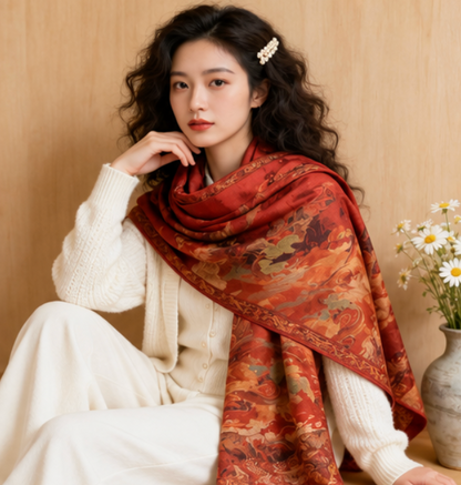 Foulard reversibile “Fenice di buon auspicio” · Poliestere · 180 × 70 cm