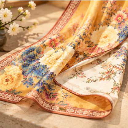 Foulard réversible « Jardin doré de pivoines » · Polyester · 180 × 70 cm