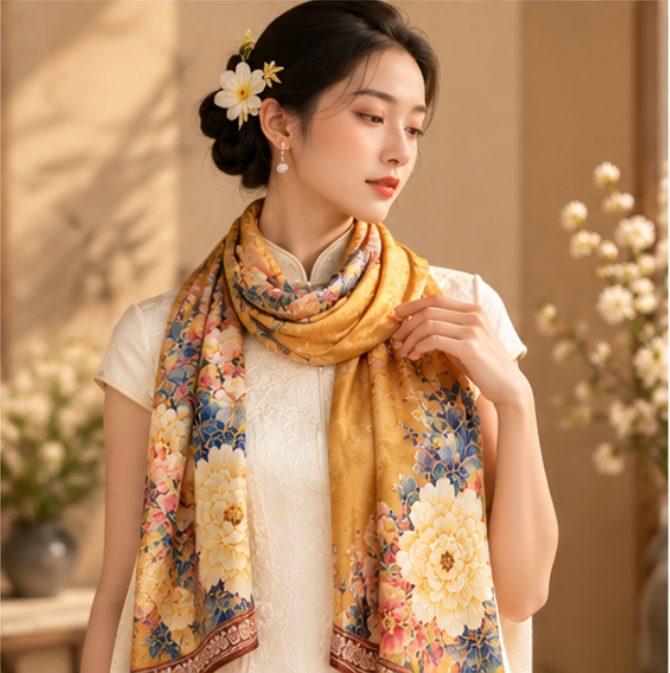 Foulard réversible « Jardin doré de pivoines » · Polyester · 180 × 70 cm