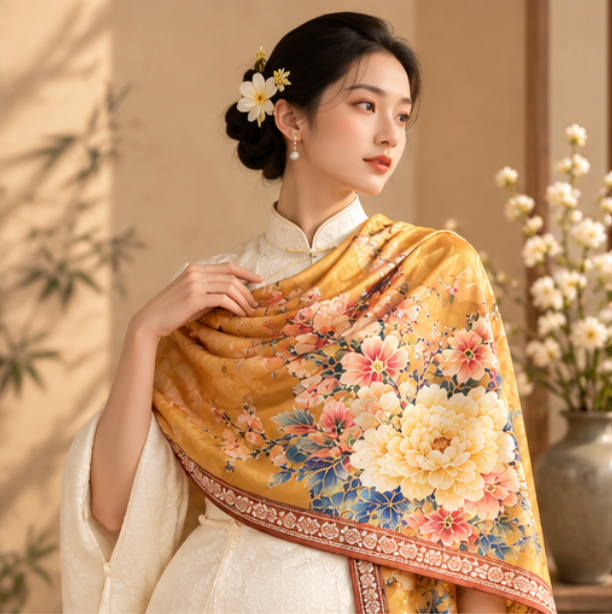 Foulard réversible « Jardin doré de pivoines » · Polyester · 180 × 70 cm