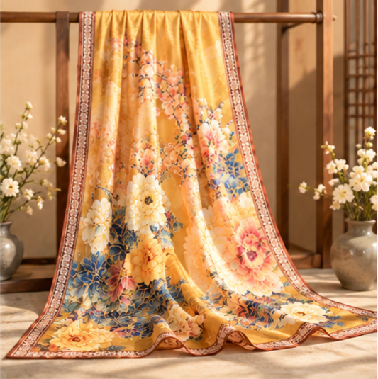 Pañuelo Reversible “Jardín Dorado de Peonías” · Poliéster · 180 × 70 cm