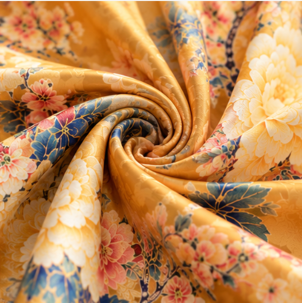 Foulard réversible « Jardin doré de pivoines » · Polyester · 180 × 70 cm