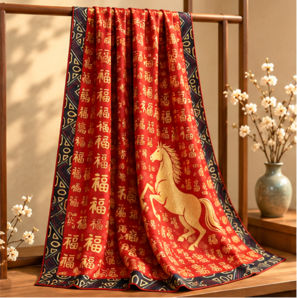 Pañuelo Reversible “福 · Caballo Auspicioso” · Poliéster · 180 × 70 cm