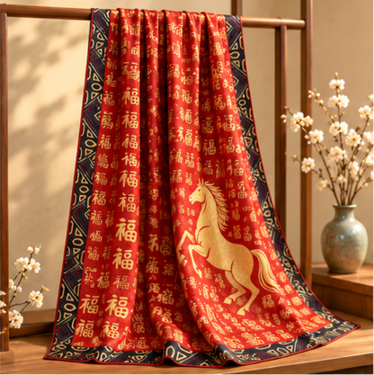 Pañuelo Reversible “福 · Caballo Auspicioso” · Poliéster · 180 × 70 cm