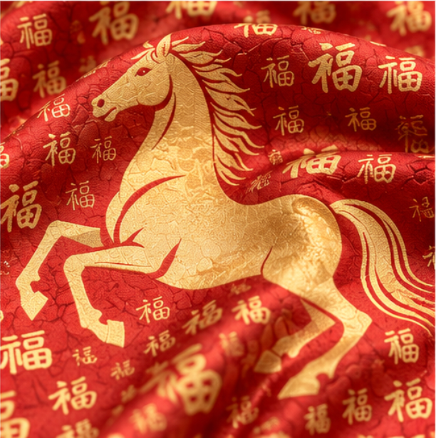 Pañuelo Reversible “福 · Caballo Auspicioso” · Poliéster · 180 × 70 cm