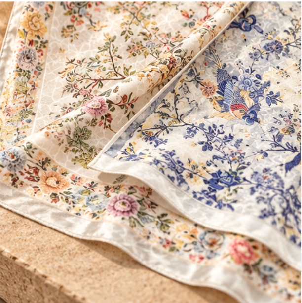 Foulard réversible « Jardin de fleurs et oiseaux » · Polyester · 180 × 70 cm
