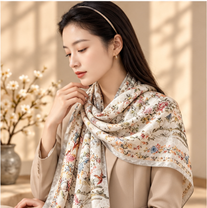 Foulard réversible « Jardin de fleurs et oiseaux » · Polyester · 180 × 70 cm