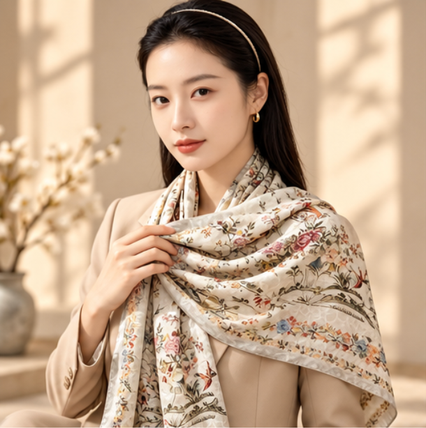 Foulard réversible « Jardin de fleurs et oiseaux » · Polyester · 180 × 70 cm