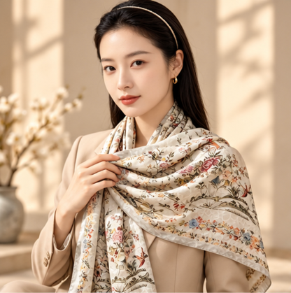 Foulard réversible « Jardin de fleurs et oiseaux » · Polyester · 180 × 70 cm