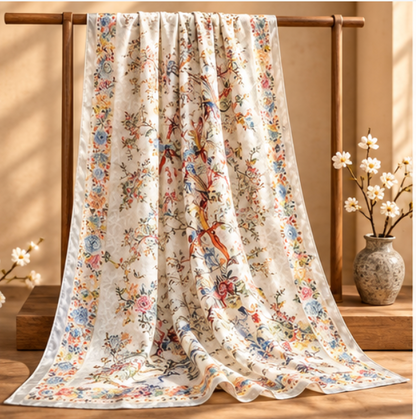 Foulard réversible « Jardin de fleurs et oiseaux » · Polyester · 180 × 70 cm