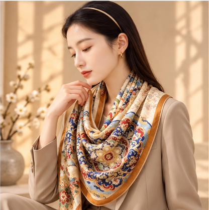 Foulard reversibile “Medaglioni Floreali” · Poliestere · 180 × 70 cm