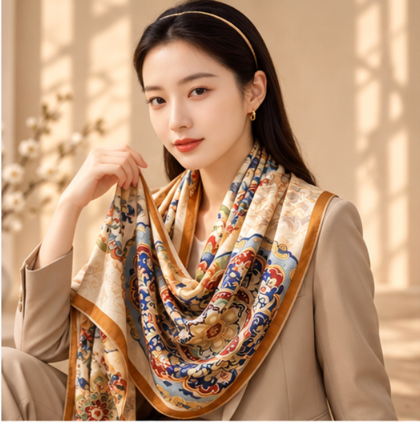 Foulard reversibile “Medaglioni Floreali” · Poliestere · 180 × 70 cm