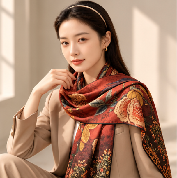 “Joy on the Branches 喜上眉梢” Reversible Scarf · Polyester · 180 × 70 cm