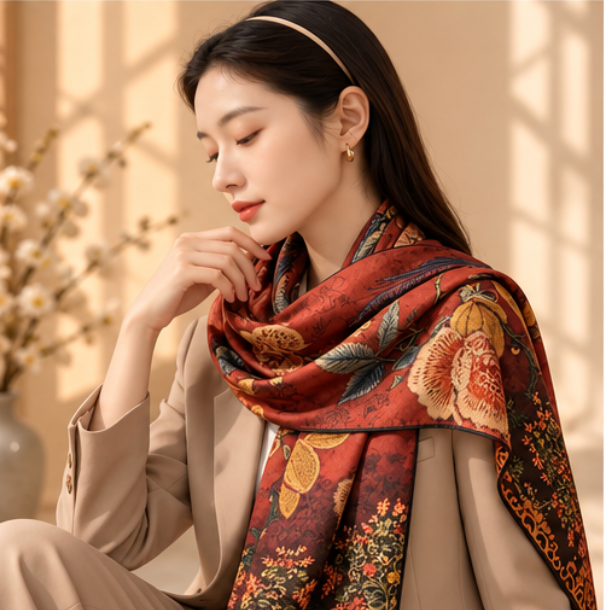 “Joy on the Branches 喜上眉梢” Reversible Scarf · Polyester · 180 × 70 cm