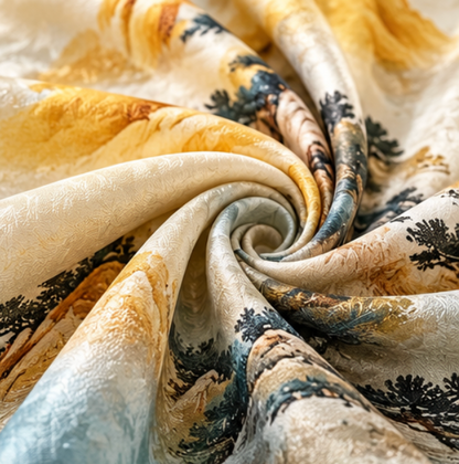Pañuelo Reversible “Montañas Doradas y Aguas Serenas” · Poliéster · 180 × 70 cm