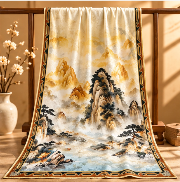 Pañuelo Reversible “Montañas Doradas y Aguas Serenas” · Poliéster · 180 × 70 cm