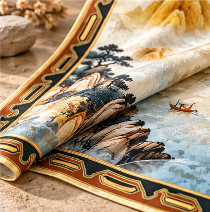 Pañuelo Reversible “Montañas Doradas y Aguas Serenas” · Poliéster · 180 × 70 cm
