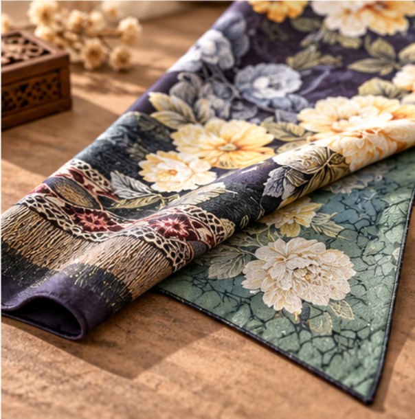 Pañuelo Reversible “Jardín en Violeta” · Poliéster · 180 × 70 cm