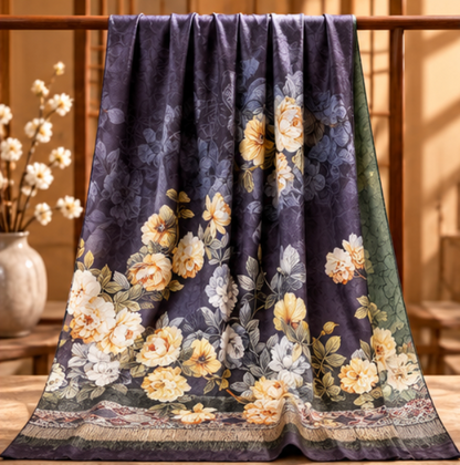 Pañuelo Reversible “Jardín en Violeta” · Poliéster · 180 × 70 cm