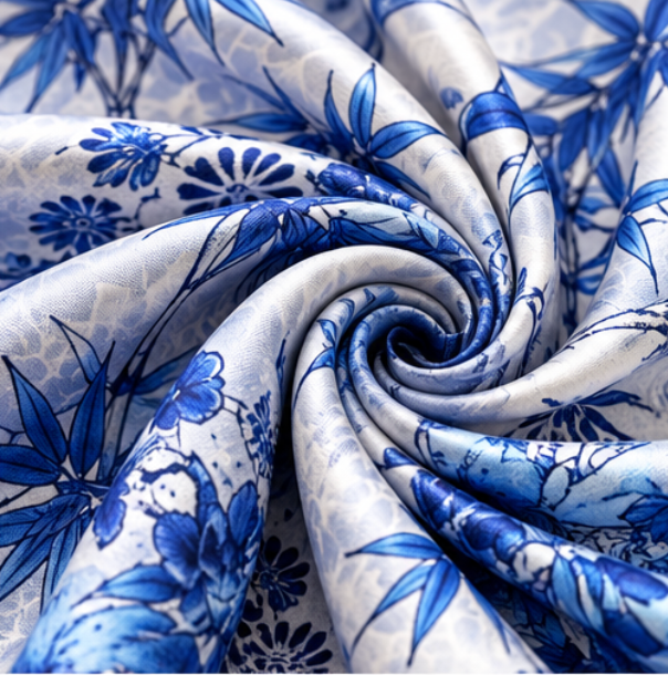 Pañuelo Reversible “Bambú de Porcelana Azul y Blanca” · Poliéster · 180 × 70 cm