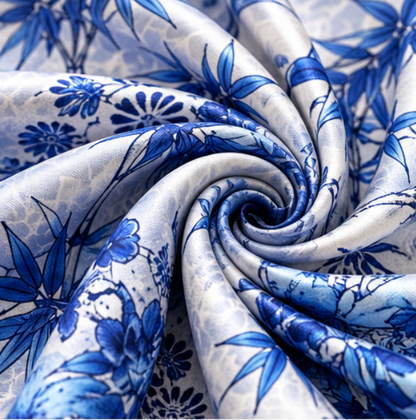 Pañuelo Reversible “Bambú de Porcelana Azul y Blanca” · Poliéster · 180 × 70 cm