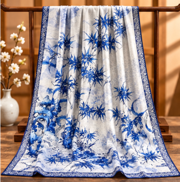 Pañuelo Reversible “Bambú de Porcelana Azul y Blanca” · Poliéster · 180 × 70 cm