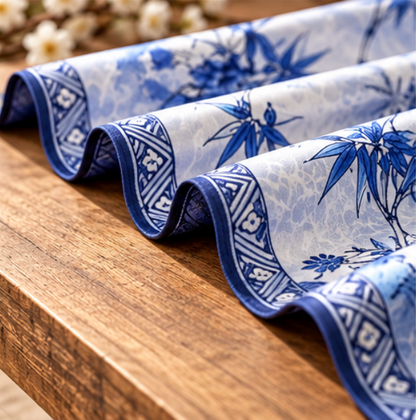 Pañuelo Reversible “Bambú de Porcelana Azul y Blanca” · Poliéster · 180 × 70 cm