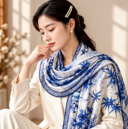 Pañuelo Reversible “Bambú de Porcelana Azul y Blanca” · Poliéster · 180 × 70 cm
