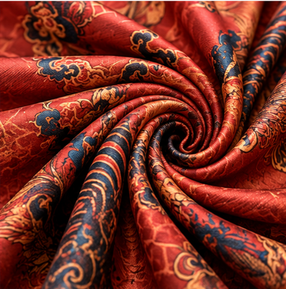Pañuelo Reversible “Fénix Carmesí” · Poliéster · 180 × 70 cm