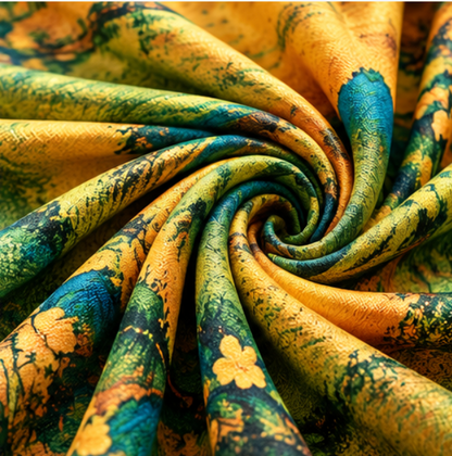 Pañuelo Reversible “Montañas de Jade en Primavera” · Poliéster · 180 × 70 cm